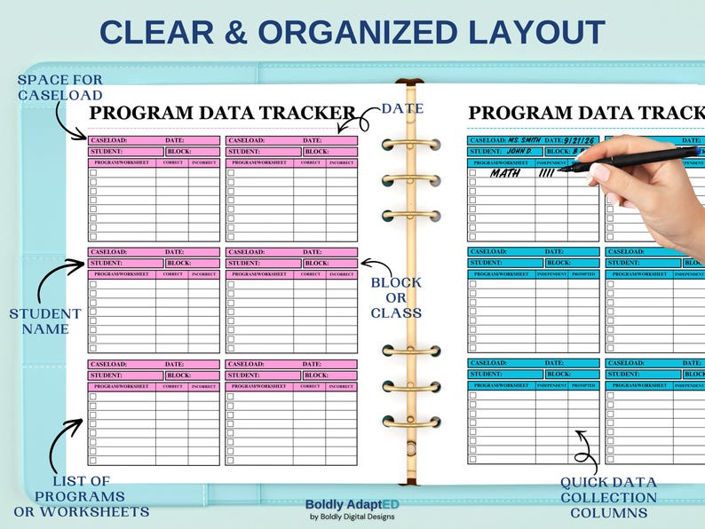 May include: A ring-bound planner featuring a Program Data Tracker layout with pink and blue sections. The pages include fields for caseload, date, student, and block, alongside columns for programs, worksheets, correct, and incorrect data entries.