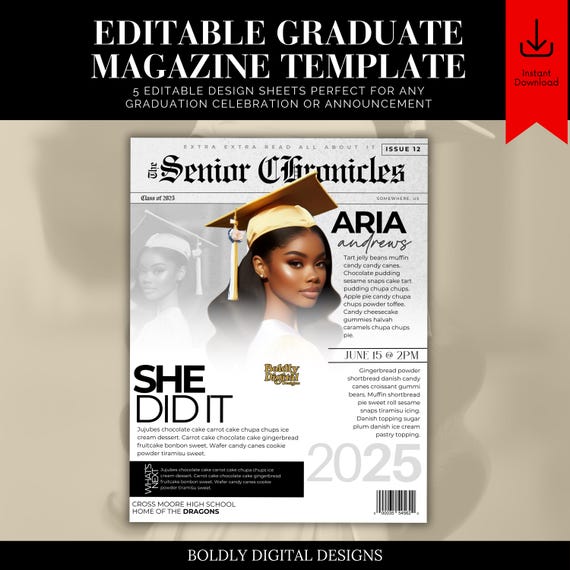 Graduation Magazine Template, 2025 Senior Graduation Magazine Booklet, Grad Announcement, Editable Magazine Templates, Graduation Invitation