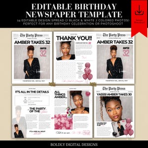 Birthday Newspaper Template, Birthday Newspaper For Photography, Editable Newspaper Birthday Invitations, Canva Birthday Party Invite, B-Day