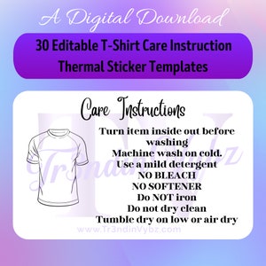 40 bearbeitbare T-Shirt-Pflegeanleitung Thermo-Etiketten-Vorlagen, T-Shirt-Pflege-Aufkleber-Karte, digitale Datei, Thermodrucker-bearbeitbare Canva-Vorlage