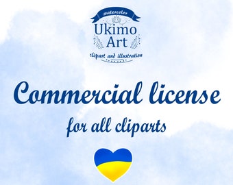May include: A blue watercolor background with a blue and yellow heart featuring the Ukrainian flag. The text "Commercial license for all clip arts" is written in blue cursive font. The text "Ukimo Art" is written in blue with a watercolor flower design above the text. The text "watercolor clipart and illustration" is written in blue below the text "Ukimo Art".
