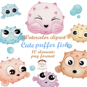 Cute puffer fish, watercolor clipart, hand painted, set, stickers and coloring page, png.