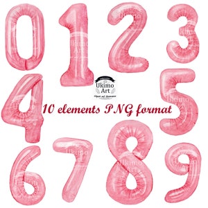 Pink Number Balloons clipart, digital watercolor pink foil birthday party decoration, balloons clip art, hand painted.