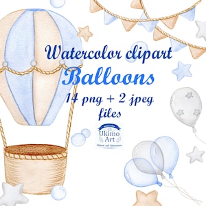 Ballonnen aquarel clipart, inclusief vlaggen, sterren en heteluchtballonnen. Blauwe, zilveren en beige kleuren. Babyjongen. png