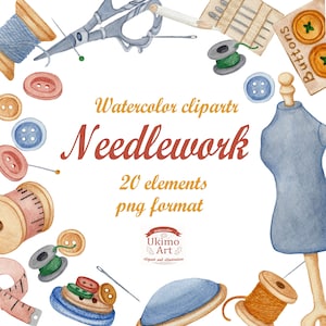 Needlework watercolor clipart, hand painted. Contains elements: dummy, pin, needles, buttons, PNG.