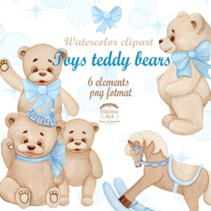 Toys Teddy Bear, watercolor clipart, hand painted. Baby boy clip art, nursery decor, baby shower, it&#39;s a boy, PNG.