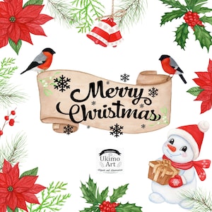 Clipart aquarela de Feliz Natal, pintado à mão. Contém: pássaros, boneco de neve, azevinho, árvore de Natal, cartão, PNG.