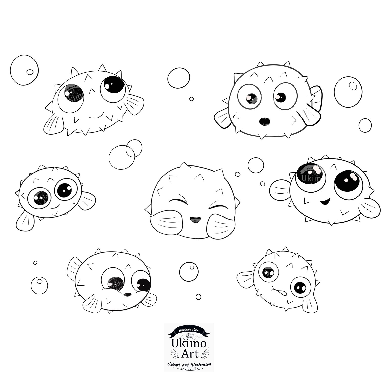 Watercolor Set of Cute Puffer Fish Clipart Stickers and - Etsy