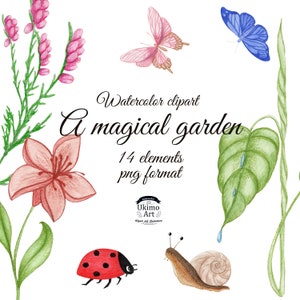 Może przedstawiać: Klip art akwarelowy zatytułowany "A magical garden" z różowymi i niebieskimi motylami, kwiatami, biedronką i ślimakiem. Obraz zawiera tekst "14 elementów format png".