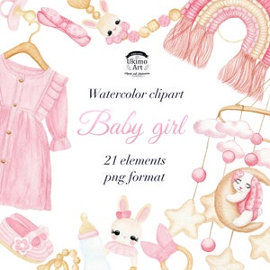 Baby girl watercolor clipart, hand painted. Contains dress, shoes, rainbow, toys. For a gender party, baby shower party, invitation.