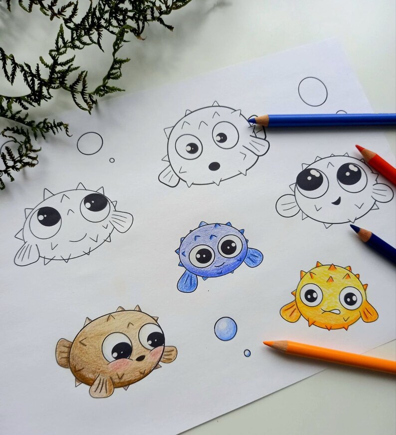 Watercolor Set of Cute Puffer Fish Clipart Stickers and - Etsy