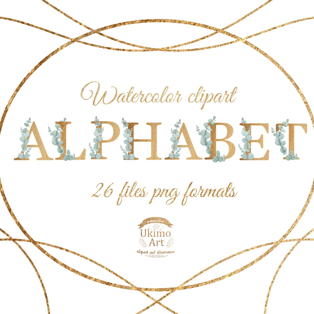 Golden Alphabet With Eucalyptus Floral Elements, Watercolor Clipart. - Etsy