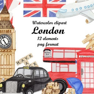ロンドンの水彩画クリップアート、手描き、旅行の時間、png。