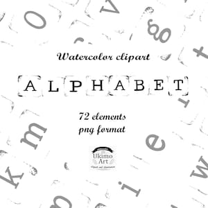 Alphabet stamp watercolor clipart, hand painted letters and numbers, Includes 72 elements png format, PNG.