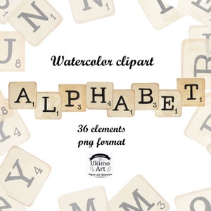 Alphabet Aquarell Clipart, handbemalt, Holzbretter, Zahlen und Buchstaben, PNG.