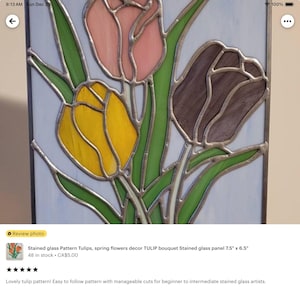 Stained glass Pattern Tulips, spring flowers decor TULIP bouquet Stained glass panel 7.5&quot; x 6.5&quot;