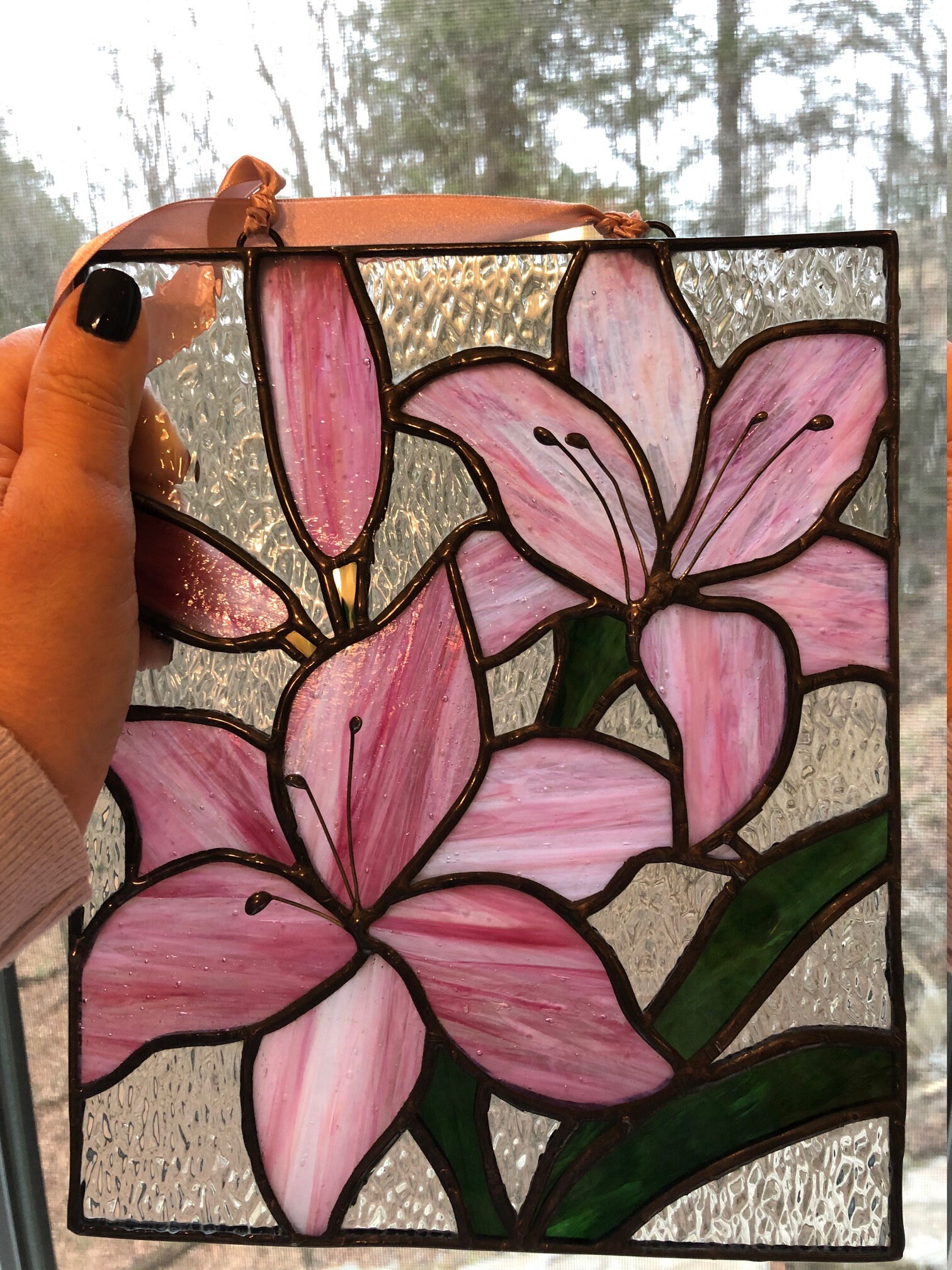 Stained glass lillies. Vinyl cut Pattern- Lillies just peel and stick pattern pieces. Mother’s Day flowers