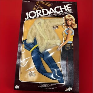 Rare 1981 Superstar Barbie Christie PJ Jordache Disco Jumpsuit and Fur Jacket Fashion Mego NRFP