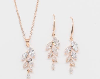 Rosegold Brautschmuck Set: Zirkonia Blatt Halskette und Ohrringe