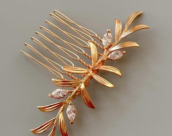 Gold Leaf Wedding Hair Comb: Cubic Zirconia Crystal Bridal Hairpiece