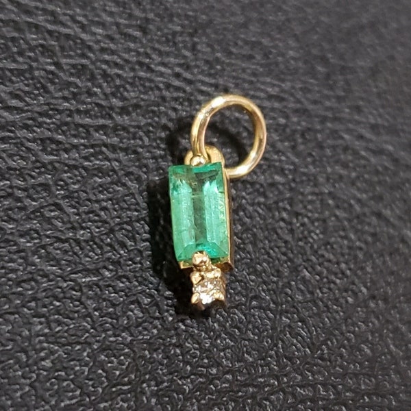 14k Gold Baguette Emerald & Diamond Pendant, Solid Gold, Necklace Findings, Zambian, Dainty Pendant, Gift for Her, Precious Stone