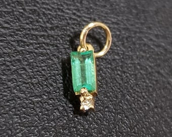 14k Gold Baguette Emerald & Diamond Pendant, Solid Gold, Necklace Findings, Zambian, Dainty Pendant, Gift for Her, Precious Stone
