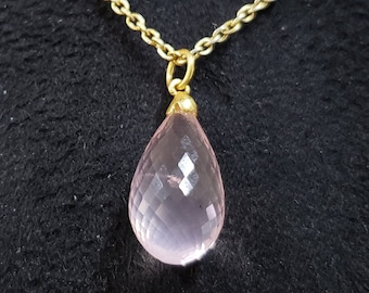Handmade 18k Gold Rose Quartz Pendant: Briolette Teardrop Gemstone
