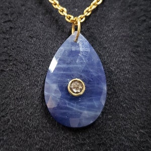 18k Gold Blue Sapphire and Rose Cut Diamond Pendant, Gold Bezel, Gold Findings, Gold Pendant, Rose Cut Diamond In Sapphire, 18k Gold Bail