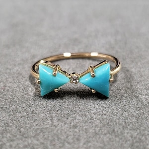 Arizona Turquoise with Diamond 14k Gold Ring, Triangle Shape, Sleeping Beauty Turquoise, Natural Turquoise, Dailywear Ring, Gift for Her