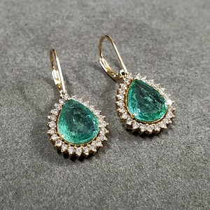 Zambian Emeralds with Brilliant Cut Diamonds 18k Gold Earring For Women, Rare Emerald Pair, Anniversary Earring, Lever Back closure 18k