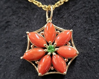 Floral Italian Coral 14k Gold Pendant: Tsavorite Gemstone