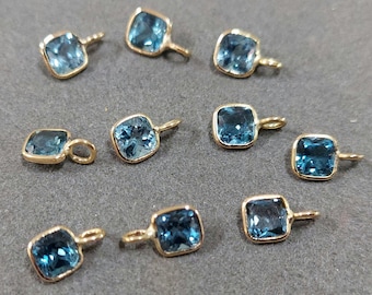 London Blue Topaz Charms, 18k Gold charm, 4 × 4 mm Cushion, Gold Charms Findings