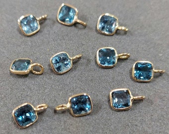 London Blue Topaz Charms, 18k Gold charm, 4 × 4 mm Cushion, Gold Charms Findings