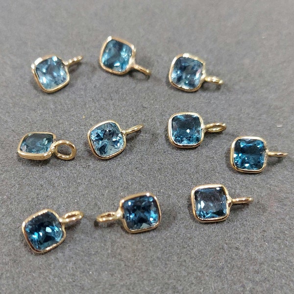 London Blue Topaz Charms, 18k Gold charm, 4 × 4 mm Cushion, Gold Charms Findings