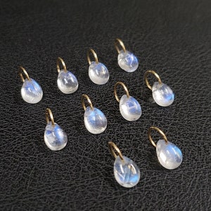 14k Gold Rainbow Moonstone Charms, Minimalist Charms, AAA Quality Rainbow Moonstone Cabochon, Gold Findings, Blue Schiller, Pear Shape