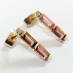 Double Baguette Earring Studs, 18k Gold Pink Tourmaline Earring , Women Stud Earrings, Minimalist Gold Stud Earring, Diamond Earrings