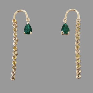 Natural Emerald & Diamond 14k Gold Earrings, Dainty Threader Drop Earrings, Pushback Closure, Sold By Pair