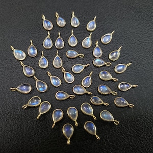 Solid Gold Rainbow moonstone Charms, 14k Gold Jewelry, Handmade Charms, Pear Moonstone Cabochon, Blue Flash Gemstone, Price per piece
