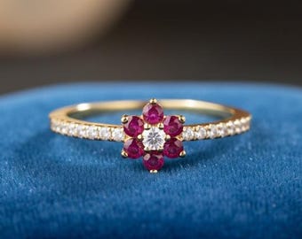 14k Gold Ruby & Diamond Flower Ring – Dainty July Birthstone Ring, Handmade Ruby Cluster Ring, Minimal Fine Jewelry Gift for Her