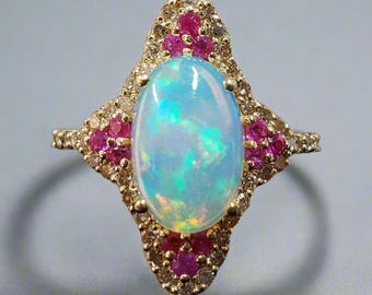 Vintage 9 Carat Yellow Gold Ruby and Opal Large Cluster Ring  Large vintage 14K yellow gold rubies and opals cluster ring main image 0