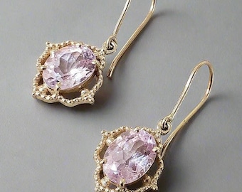 14k Gold Morganit Ohrringe: Ovaler Edelstein Schmuck