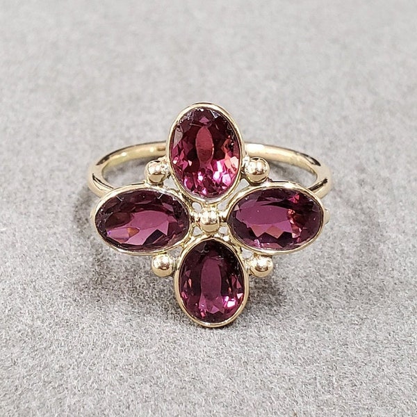 Gorgeous Pink Tourmaline 14k Solid Gold Ring, Statement Tourmaline Ring, Oval Flower Shape, Love Gold Jewelry, Gift for Her, 4 stone ring