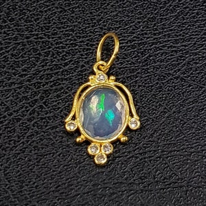 18k Gold Oval Opal with Diamond Pendant Necklace, Opal Jewelry, Amazing Fire, Ethiopian Opal, Multi Fire Opal