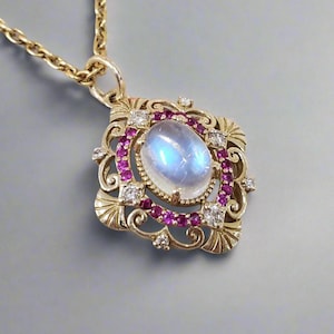 14k Gold Rainbow Moonstone Pendant, Filigree Necklace With Ruby & Diamond, Vintage Style, Blue Flash Cabochon, Rainbow Gem Jewelry Gift