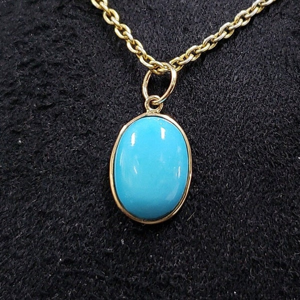 14k Gold Arizona Turquoise Pendant, Birthstone Oval Turquoise, Sleeping Beauty, 14x10 mm , Solid Gold Bezel, Turquoise Cabochon