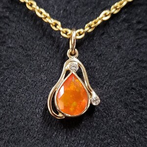 14k Gold Orange Ethiopian Opal Pendant, Diamond Pendant, Orange Fire Opal, Opal Jewelry, Orange & Fire Opal, Dainty Pendant