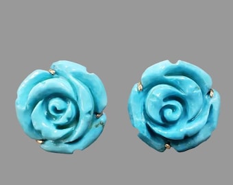 Handmade 18k Gold Sleeping Beauty Turquoise Rose Stud Earrings