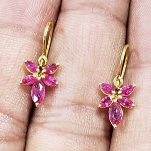 18k Gold Ruby Leaf Earrings: Marquise Gemstone Floral Jewelry