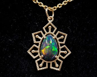 Black Opal Sunburst Pendant, 14k Gold Teardrop Fire Opal, Amazing Color, Artisan Handmade Jewelry Gift, Geometric Design, Textured Pendant