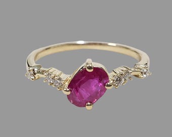 14k Gold Ruby and Diamond Ring • Natural Ruby Engagement Ring • Dainty Gold Promise Ring • Handmade Fine Jewelry Gift for Her